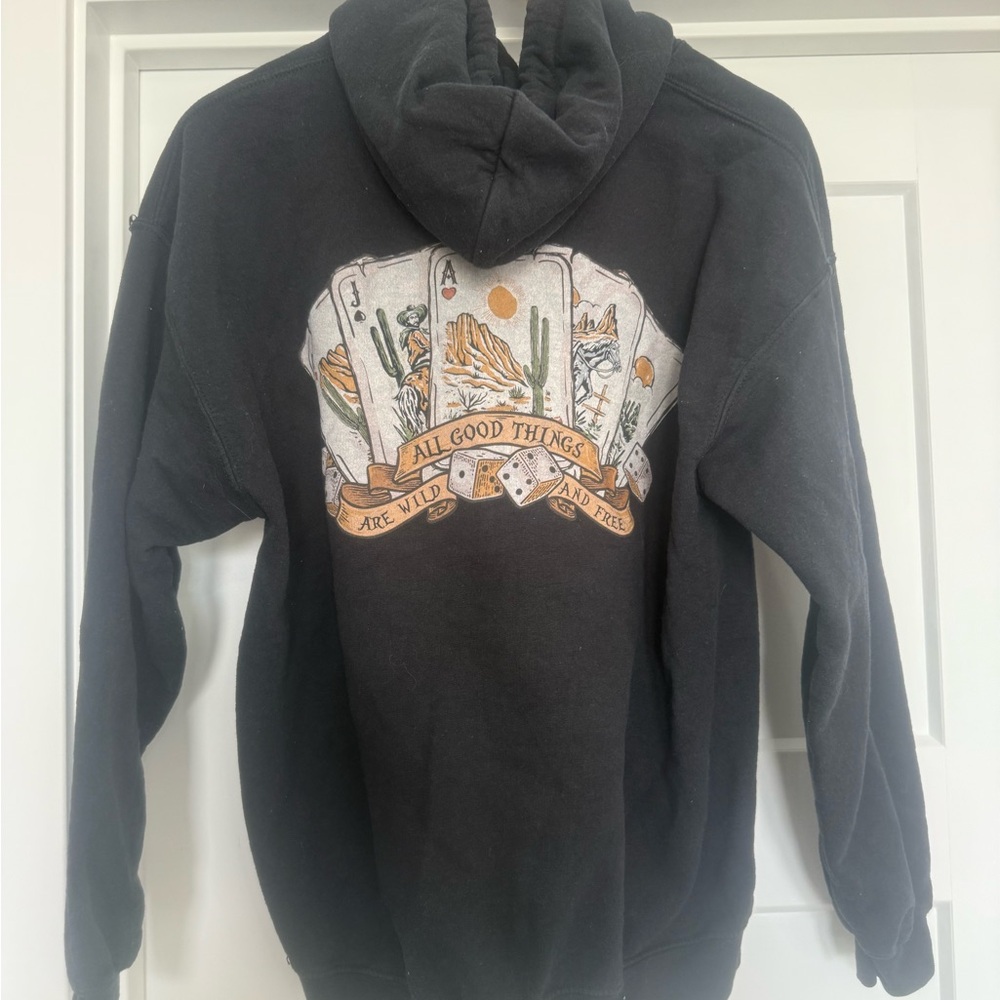 Black Graphic Hoodie Sweatshirt with Desert Playing Cards Print